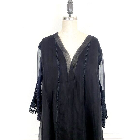 Agha Noor Silk Tunic Top Size L Black Embroidered V-Neck Whimsy Witchy Party - Picture 3 of 10